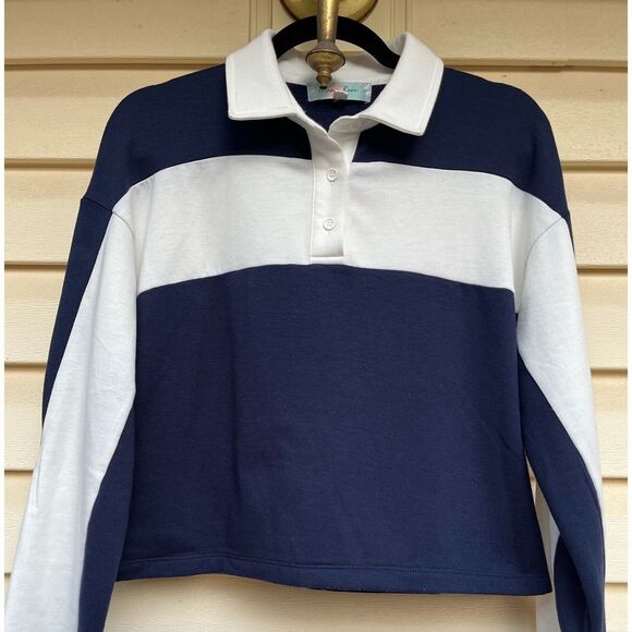 Hippie Rose blue/white blocks long-sleeved, collared, half-buttoned sweater, S - Picture 2 of 9